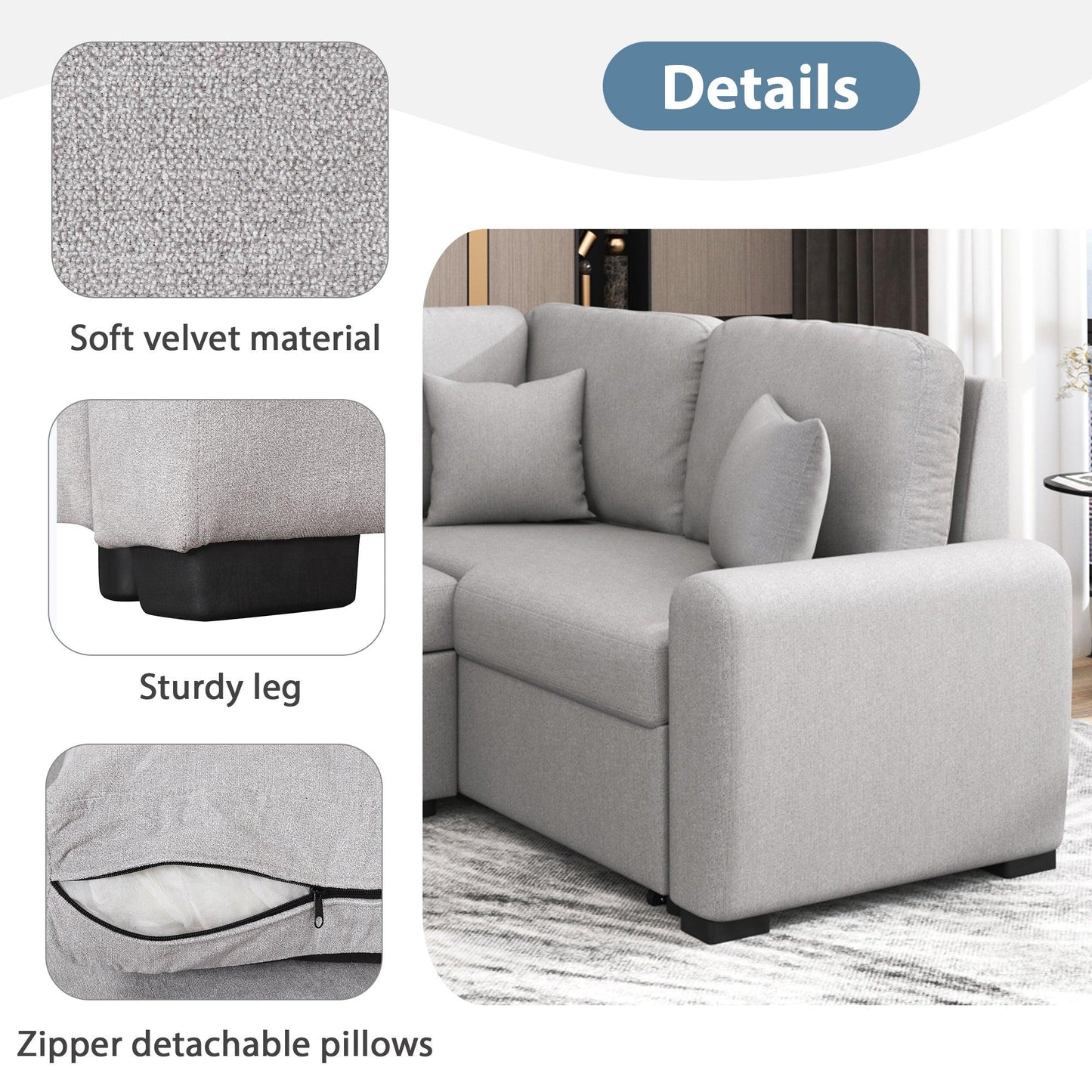 87.4"Sectional Sleeper Sofa with USB Charging Port and Plug Outlet Pull-Out Sofa Bed with 3 Pillows Grey - FurniFindUSA