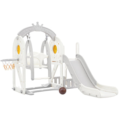 Toddler Slide and Swing Set 5 in 1 Kids Playground Climber Slide Playset with Basketball Hoop Freestanding Combination Grey - FurniFindUSA