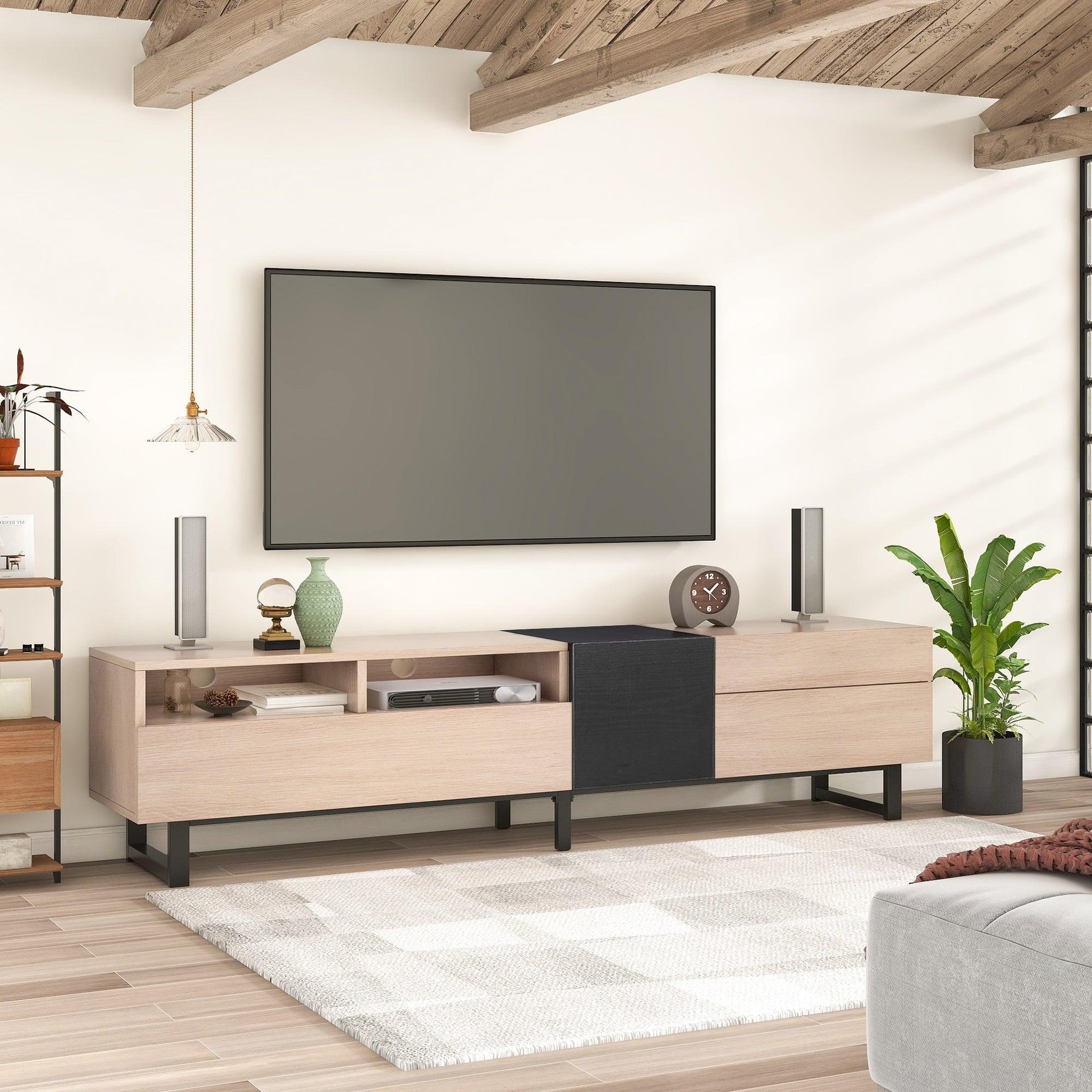 Modern TV Stand for 80'' TV with Double Storage Space Media Console Table Entertainment Center with Drop Down Door - FurniFindUSA