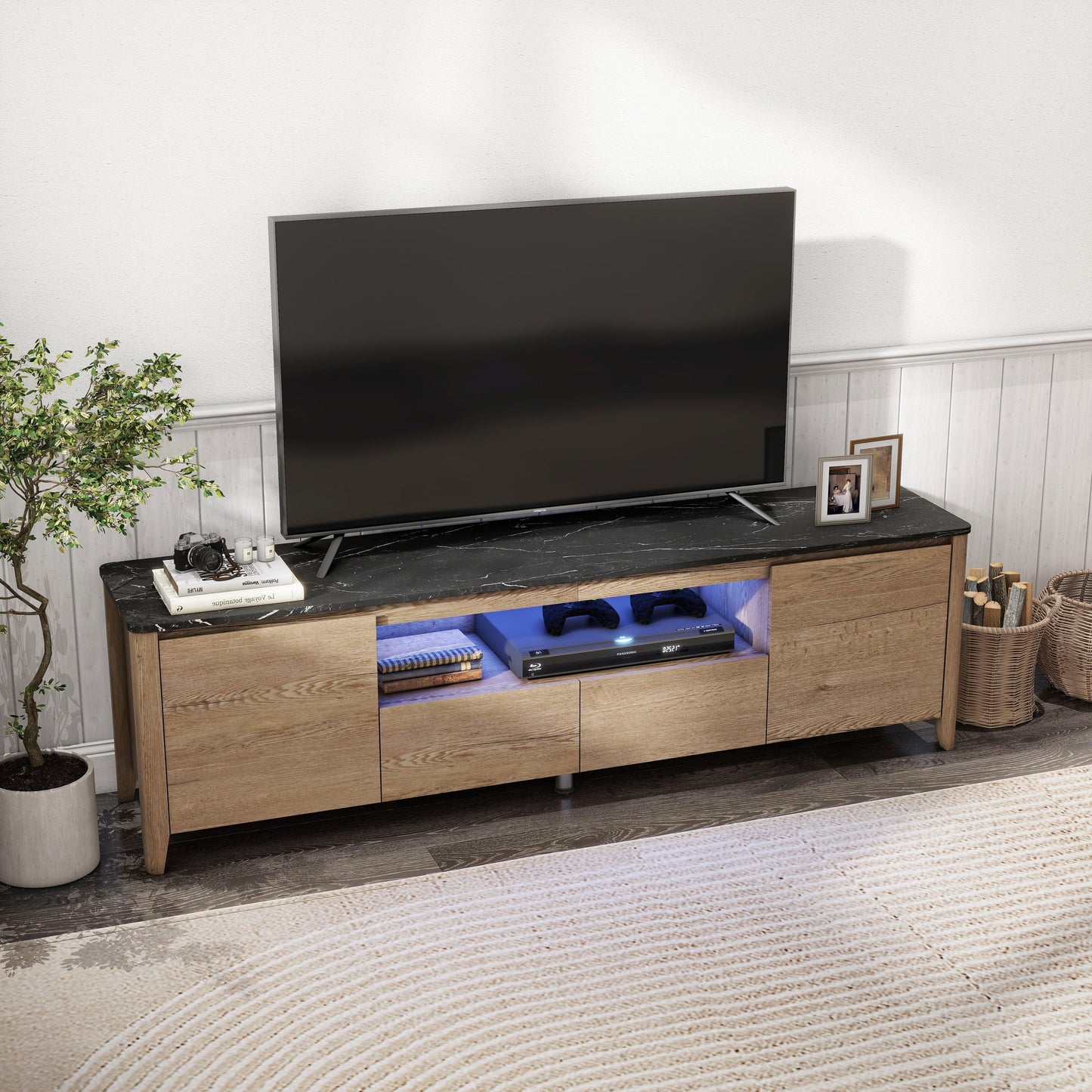 70 Inches Modern TV stand with LED Lights Entertainment Center TV cabinet with Storage for Up to 80 inch - FurniFindUSA