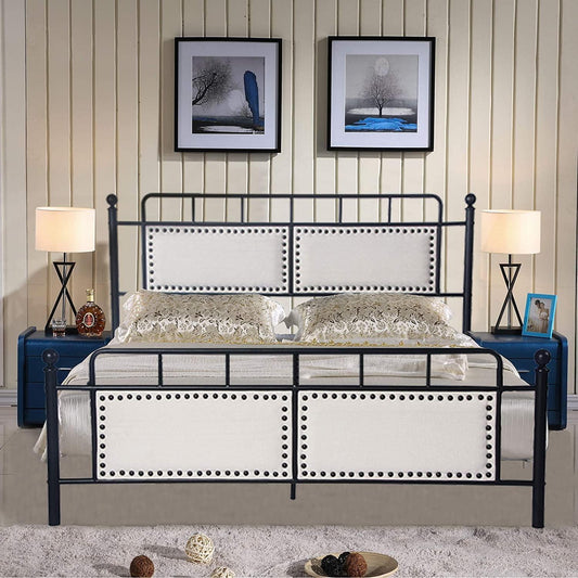 Metal Queen Bed Frame with Upholstered Headboard & Footboard Heavy Duty Platform Bed Frame Steel Sla - FurniFindUSA