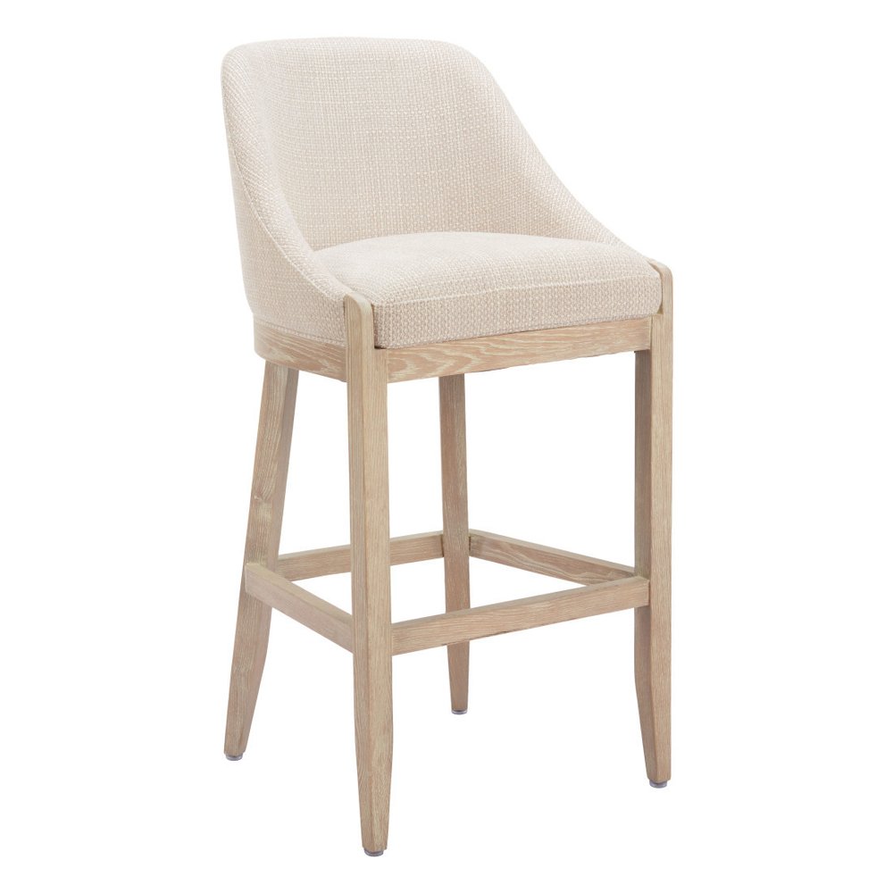 31" Beige And Natural Fabric And Solid Wood Bar Height Bar Chair HomeRoots