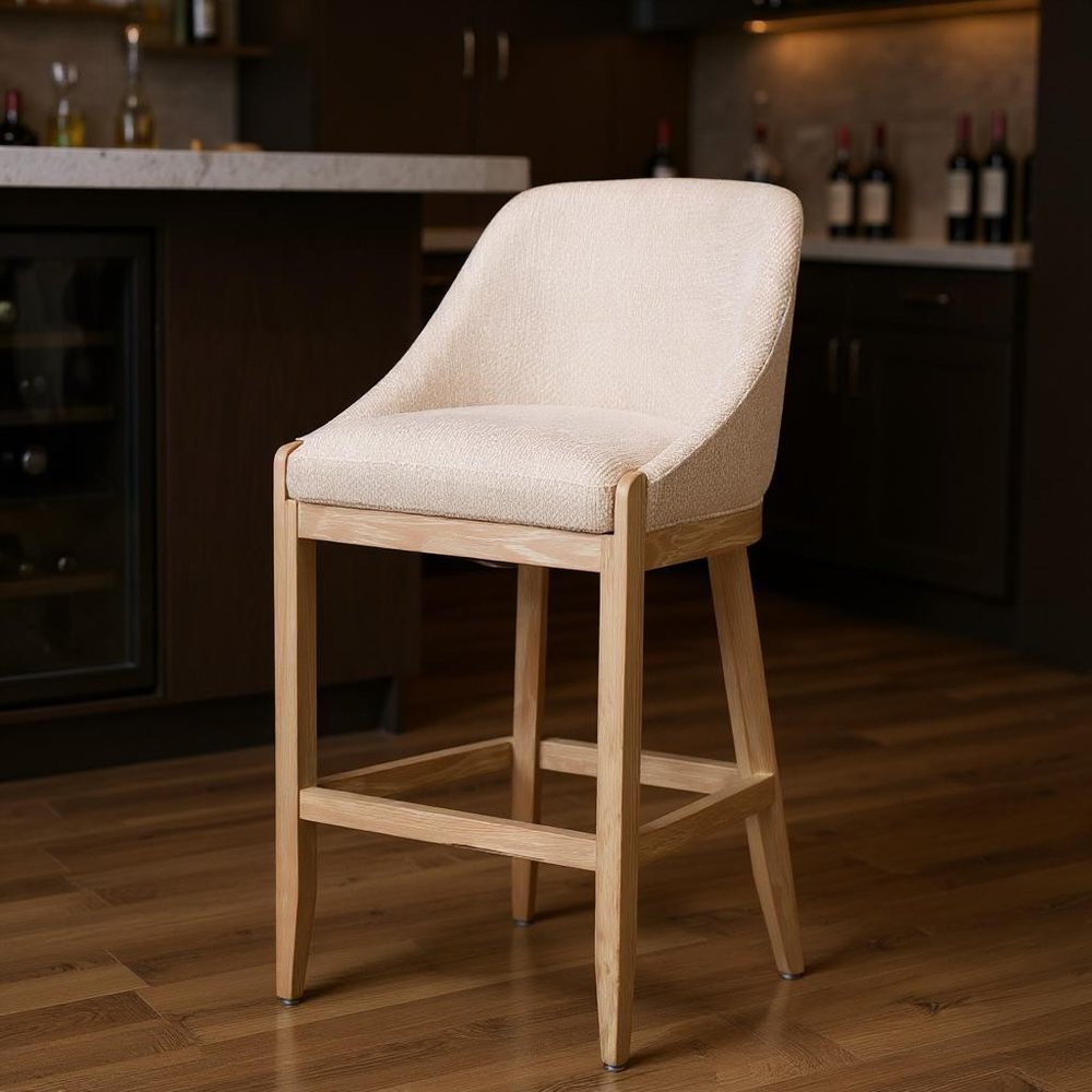 31" Beige And Natural Fabric And Solid Wood Bar Height Bar Chair HomeRoots