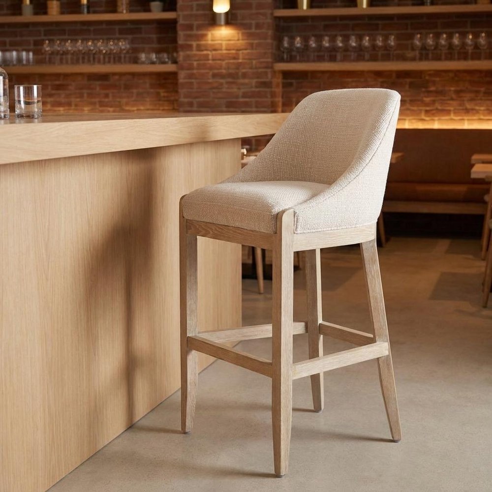 31" Beige And Natural Fabric And Solid Wood Bar Height Bar Chair HomeRoots
