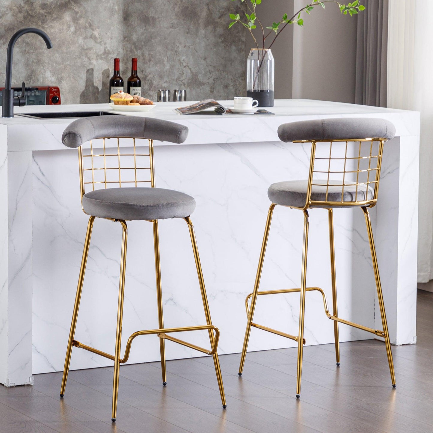 Bar Stool Set of 2 Luxury Velvet High Bar Stool with Metal Legs and Soft Back Grey - FurniFindUSA