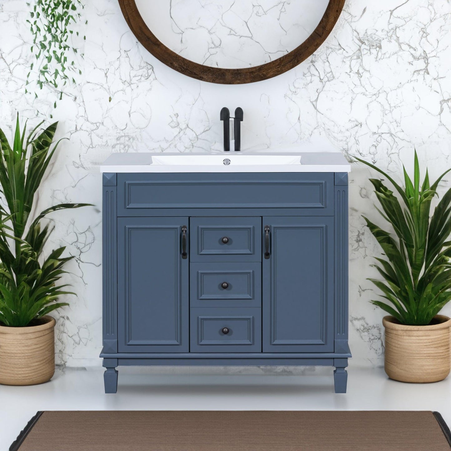 36 inch blue bathroom vanity with top sink, 2 soft doors and 2 drawers, single sink bathroom vanity - FurniFindUSA