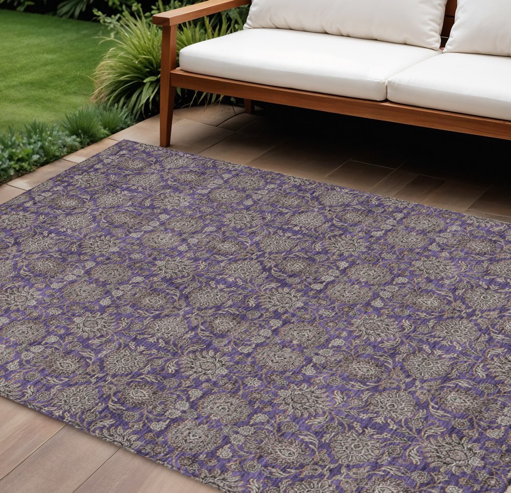 8' X 10' Purple Beige And Taupe Floral Washable Indoor Outdoor Area Rug