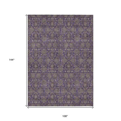 8' X 10' Purple Beige And Taupe Floral Washable Indoor Outdoor Area Rug