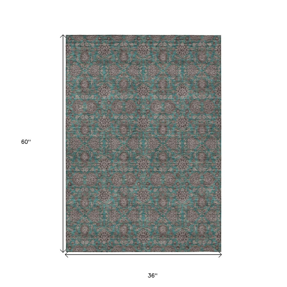 3' X 5' Teal Blue Beige And Taupe Floral Washable Indoor Outdoor Area Rug HomeRoots