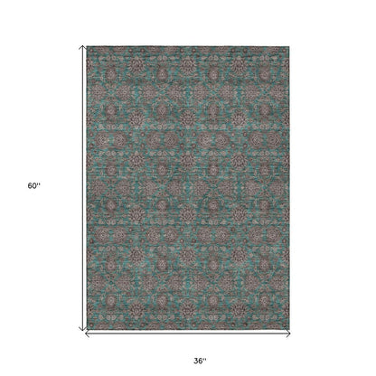 3' X 5' Teal Blue Beige And Taupe Floral Washable Indoor Outdoor Area Rug HomeRoots