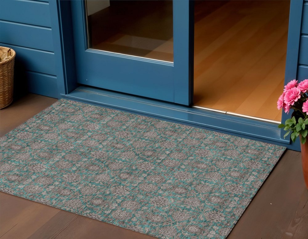 3' X 5' Teal Blue Beige And Taupe Floral Washable Indoor Outdoor Area Rug HomeRoots