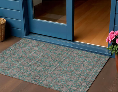 3' X 5' Teal Blue Beige And Taupe Floral Washable Indoor Outdoor Area Rug HomeRoots
