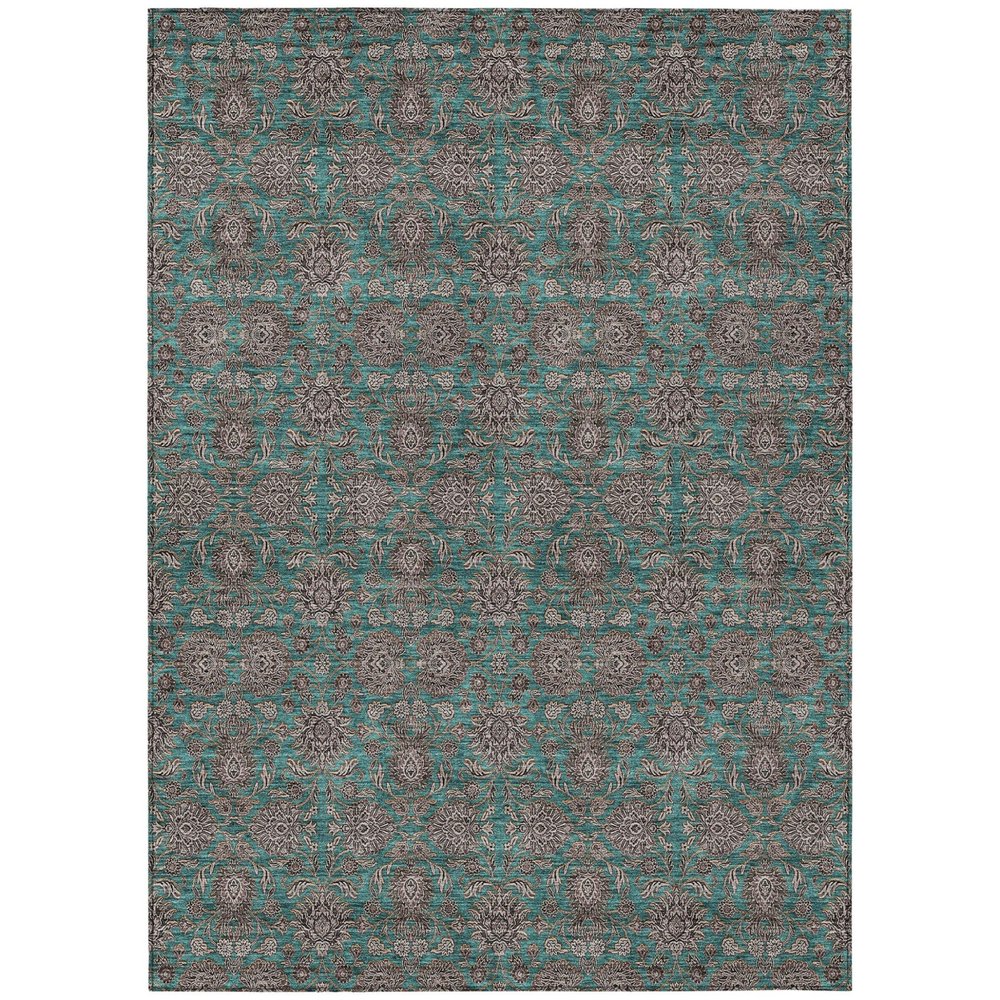 3' X 5' Teal Blue Beige And Taupe Floral Washable Indoor Outdoor Area Rug — view 1