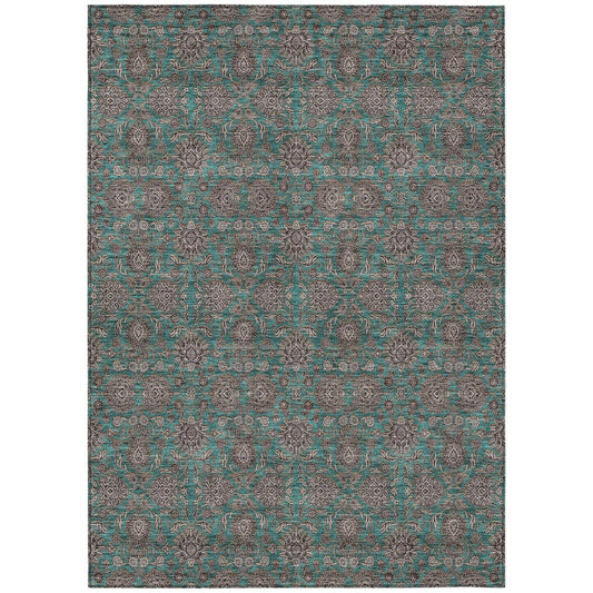 3' X 5' Teal Blue Beige And Taupe Floral Washable Indoor Outdoor Area Rug