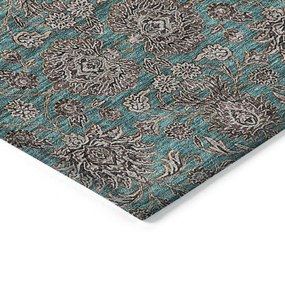3' X 5' Teal Blue Beige And Taupe Floral Washable Indoor Outdoor Area Rug HomeRoots