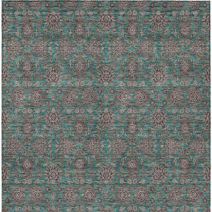3' X 5' Teal Blue Beige And Taupe Floral Washable Indoor Outdoor Area Rug