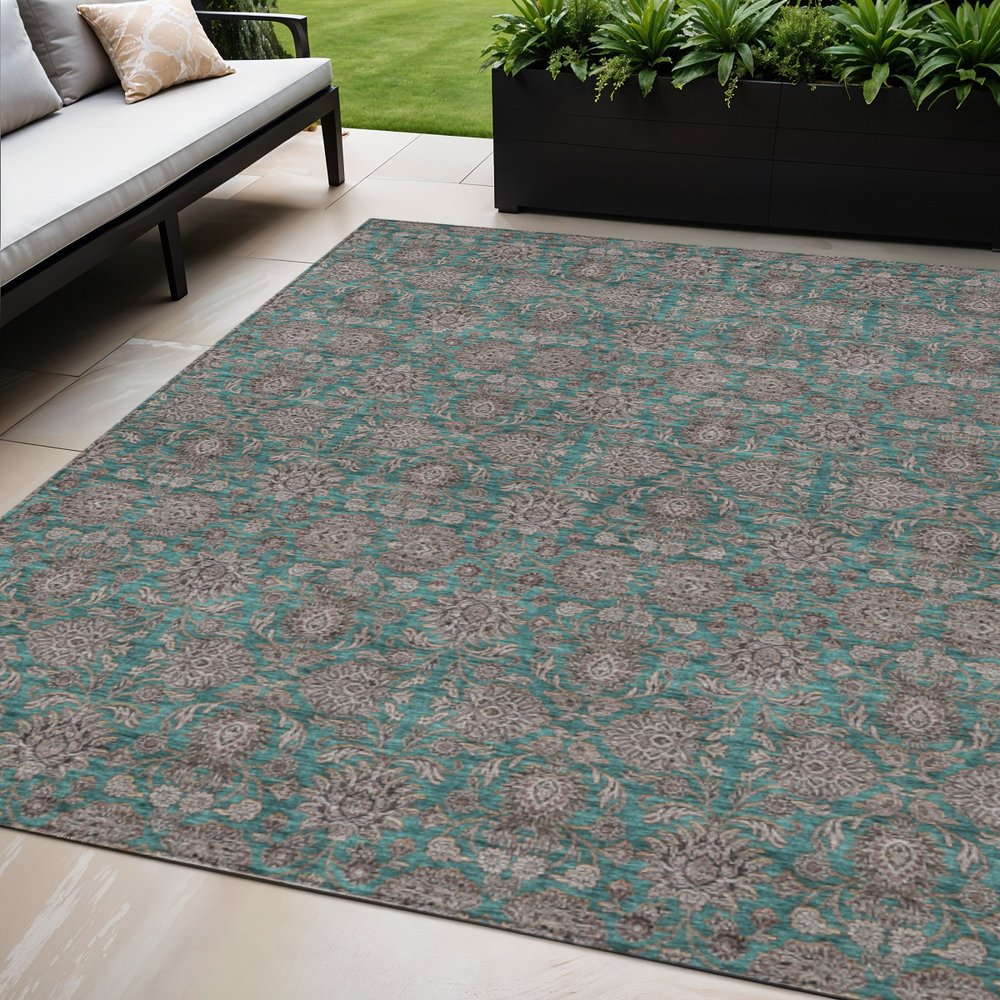 3' X 5' Teal Blue Beige And Taupe Floral Washable Indoor Outdoor Area Rug HomeRoots