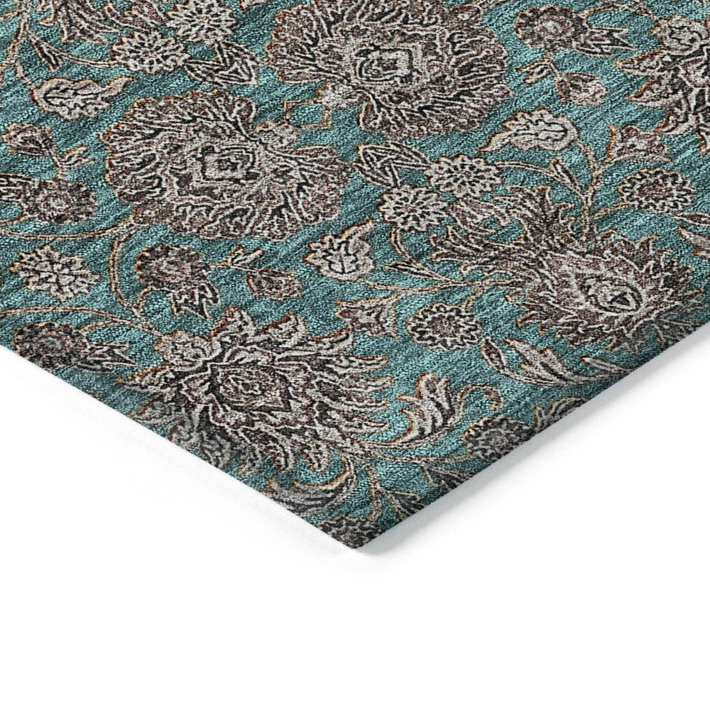 3' X 5' Teal Blue Beige And Taupe Floral Washable Indoor Outdoor Area Rug — view 8