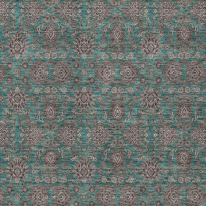 3' X 5' Teal Blue Beige And Taupe Floral Washable Indoor Outdoor Area Rug