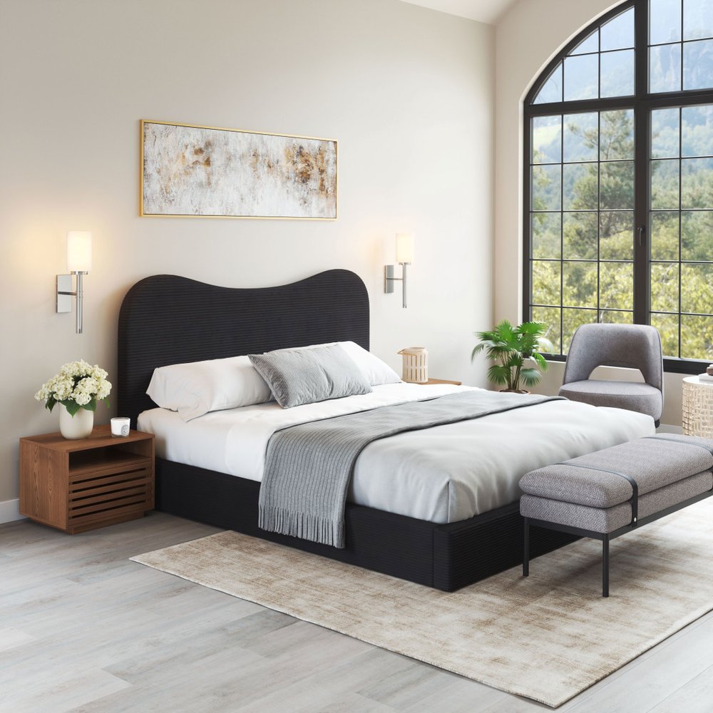 Black Ribbed Texture Velvet Upholstered King Bed Frame HomeRoots