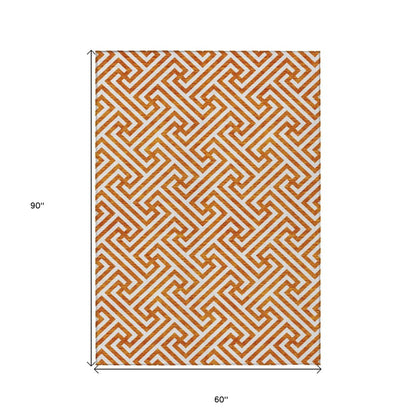5' X 8' Orange And Ivory Geometric Washable Indoor Outdoor Area Rug HomeRoots