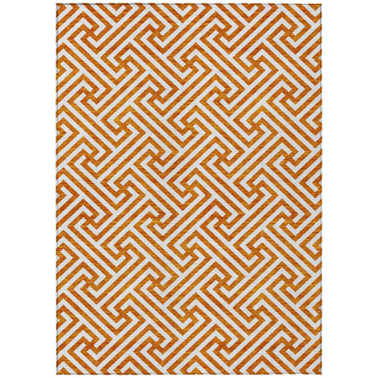 5' X 8' Orange And Ivory Geometric Washable Indoor Outdoor Area Rug