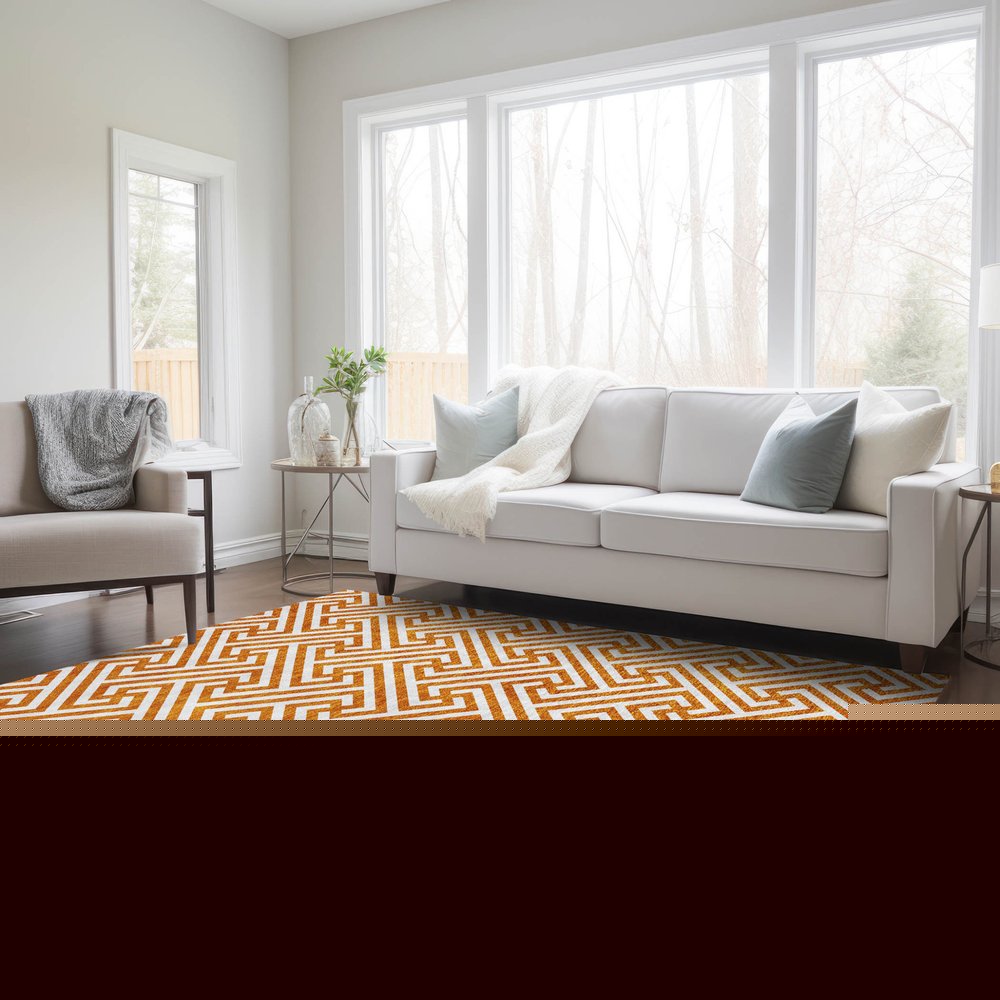 5' X 8' Orange And Ivory Geometric Washable Indoor Outdoor Area Rug HomeRoots