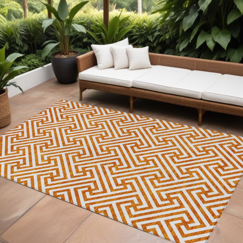 5' X 8' Orange And Ivory Geometric Washable Indoor Outdoor Area Rug — view 66