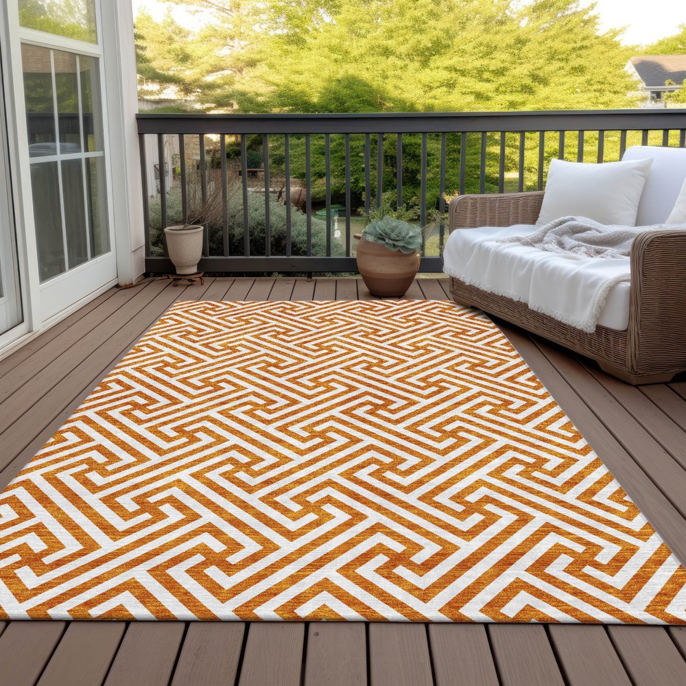 5' X 8' Orange And Ivory Geometric Washable Indoor Outdoor Area Rug HomeRoots