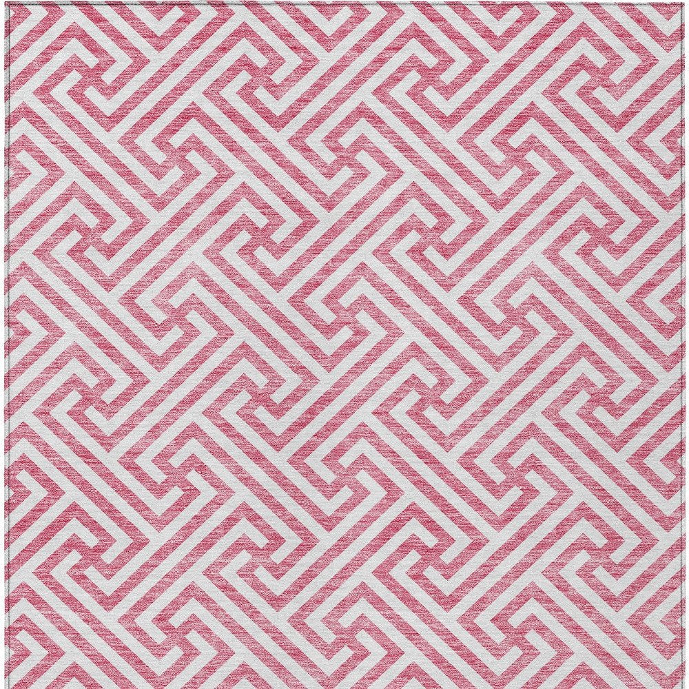 3' X 5' Pink And Ivory Geometric Washable Indoor Outdoor Area Rug
