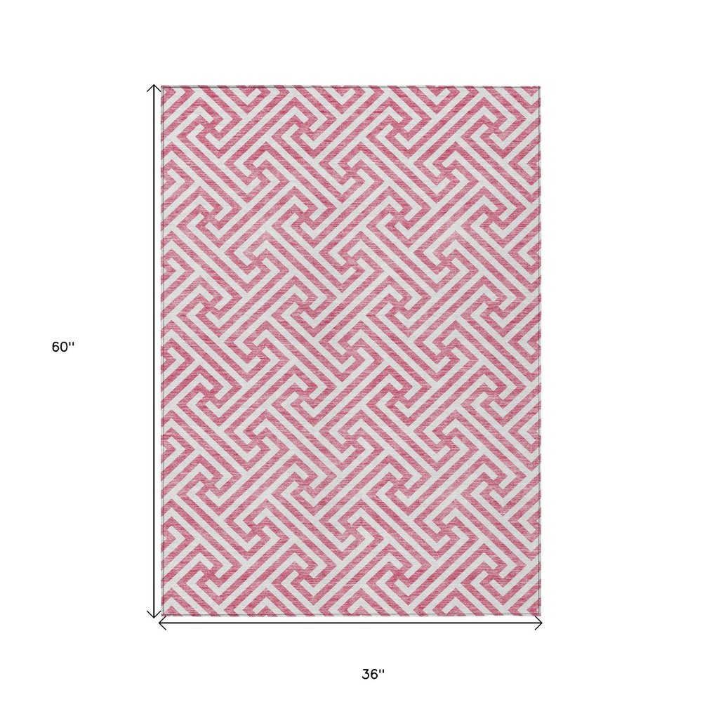 3' X 5' Pink And Ivory Geometric Washable Indoor Outdoor Area Rug