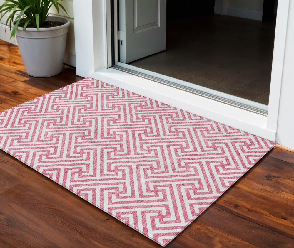 3' X 5' Pink And Ivory Geometric Washable Indoor Outdoor Area Rug HomeRoots