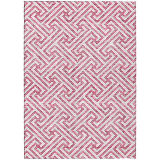 3' X 5' Pink And Ivory Geometric Washable Indoor Outdoor Area Rug