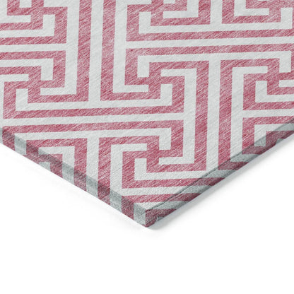 3' X 5' Pink And Ivory Geometric Washable Indoor Outdoor Area Rug