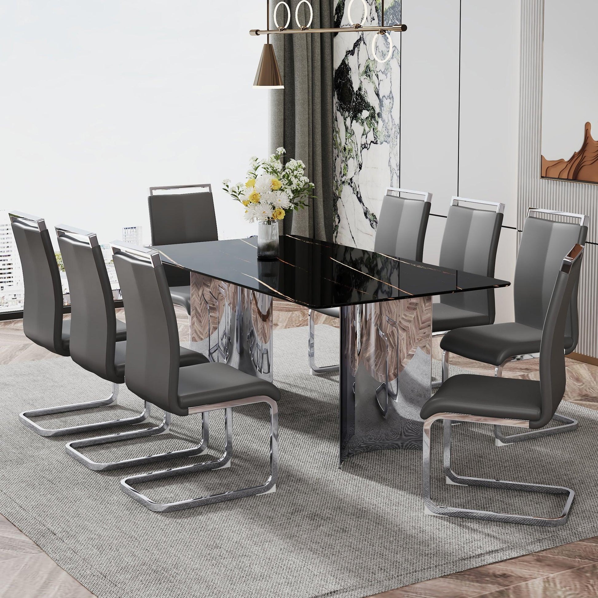 Modern minimalist dining table The black imitation marble glass desktop is equipped with silver metal legs - FurniFindUSA