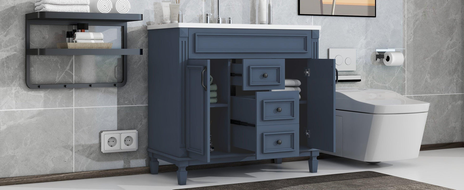 36 inch blue bathroom vanity with top sink, 2 soft doors and 2 drawers, single sink bathroom vanity - FurniFindUSA