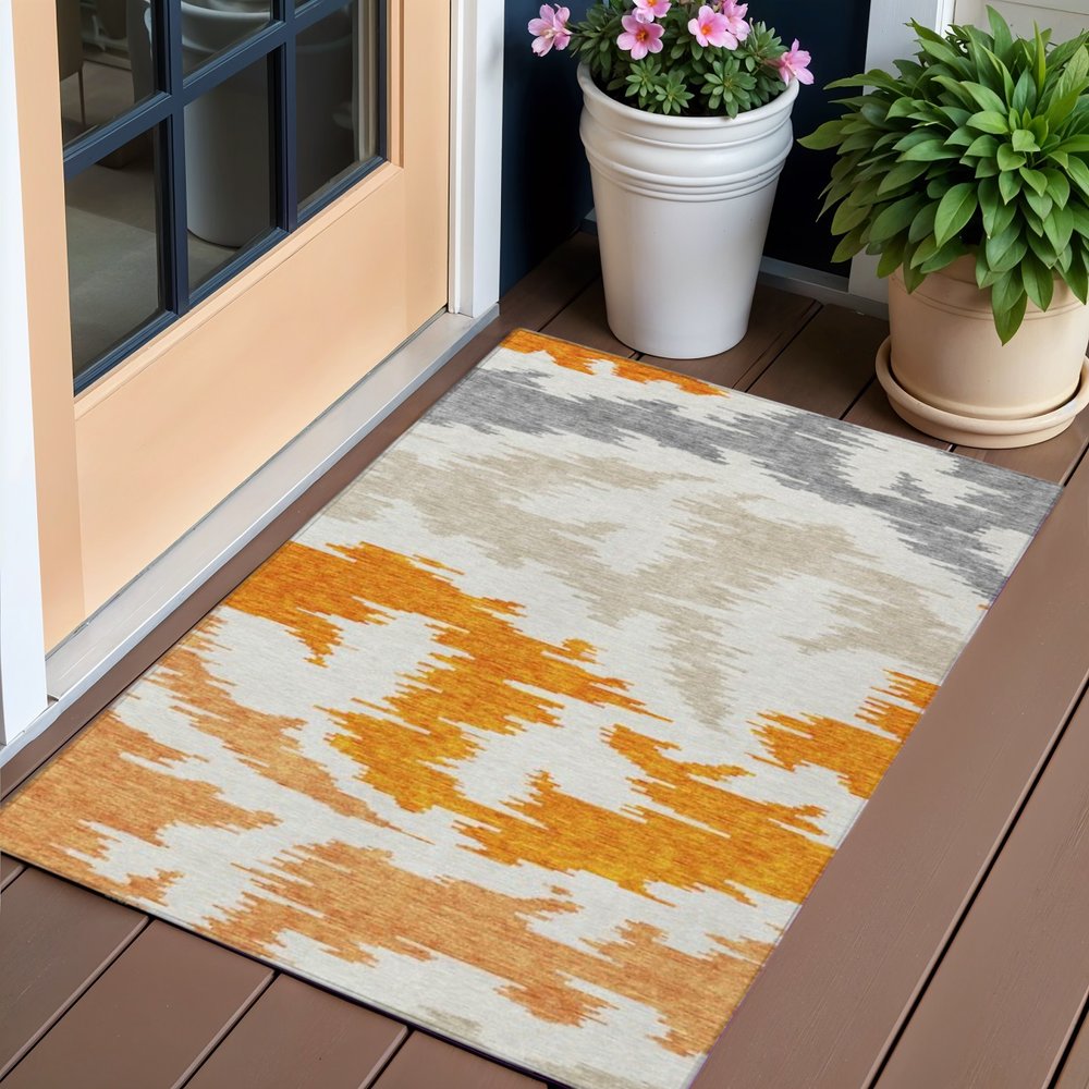 3' X 5' Orange Beige And Ivory Abstract Washable Indoor Outdoor Area Rug HomeRoots