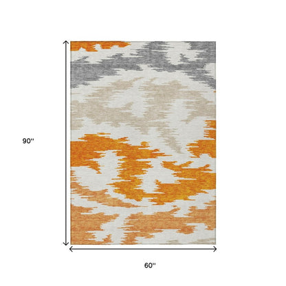 3' X 5' Orange Beige And Ivory Abstract Washable Indoor Outdoor Area Rug HomeRoots