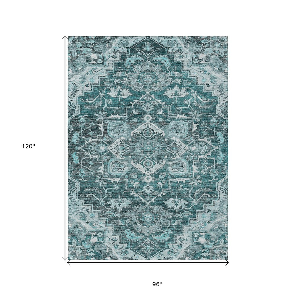 8' X 10' Teal Blue Gray And Charcoal Oriental Washable Indoor Outdoor Area Rug HomeRoots