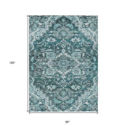8' X 10' Teal Blue Gray And Charcoal Oriental Washable Indoor Outdoor Area Rug HomeRoots