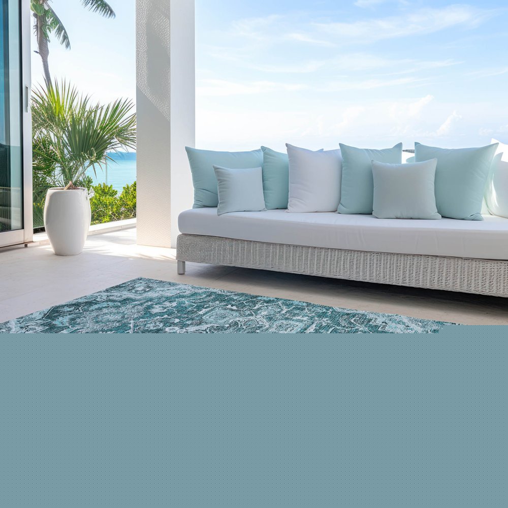 8' X 10' Teal Blue Gray And Charcoal Oriental Washable Indoor Outdoor Area Rug — view 8