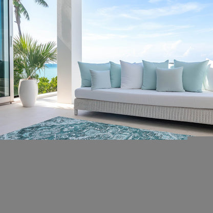 8' X 10' Teal Blue Gray And Charcoal Oriental Washable Indoor Outdoor Area Rug HomeRoots
