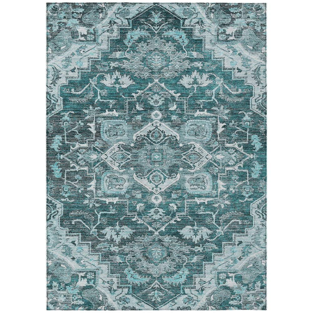 8' X 10' Teal Blue Gray And Charcoal Oriental Washable Indoor Outdoor Area Rug — view 2