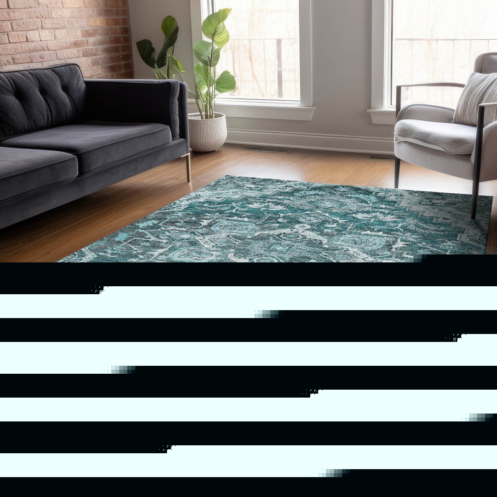 8' X 10' Teal Blue Gray And Charcoal Oriental Washable Indoor Outdoor Area Rug — view 9