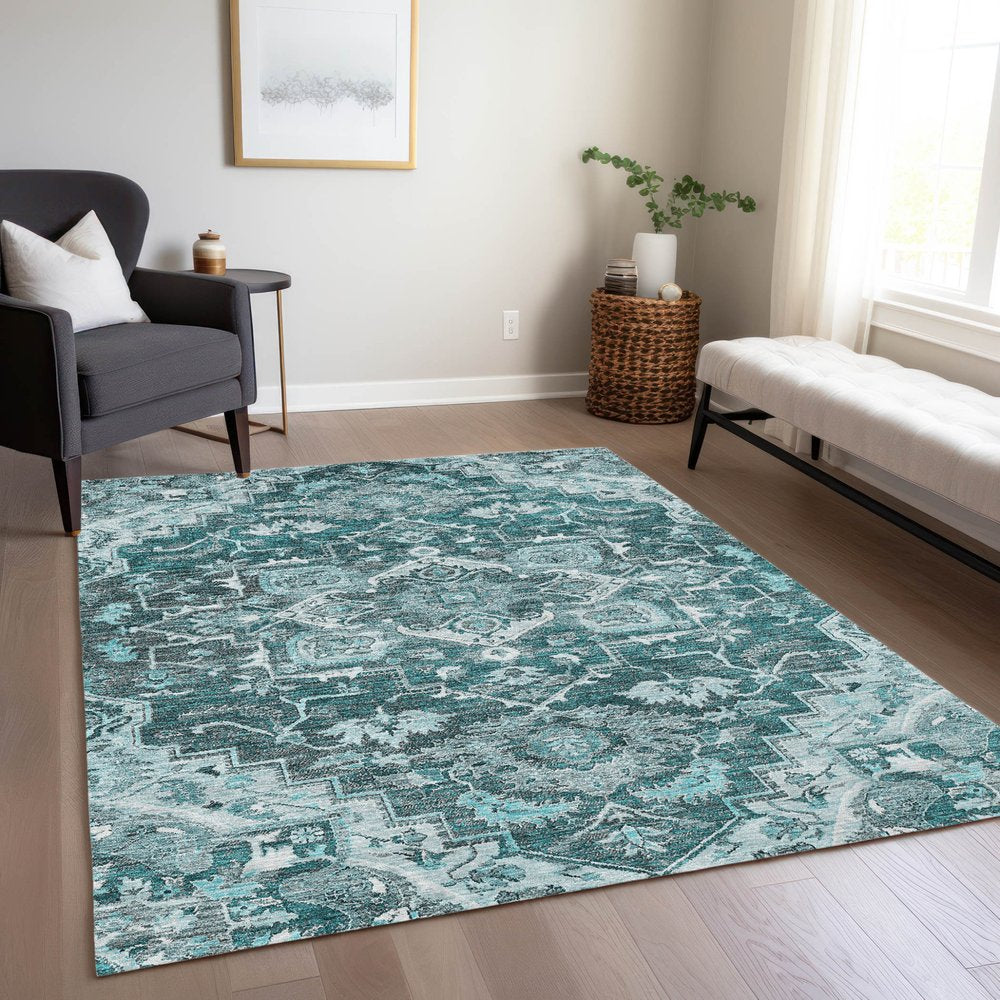 8' X 10' Teal Blue Gray And Charcoal Oriental Washable Indoor Outdoor Area Rug — view 10