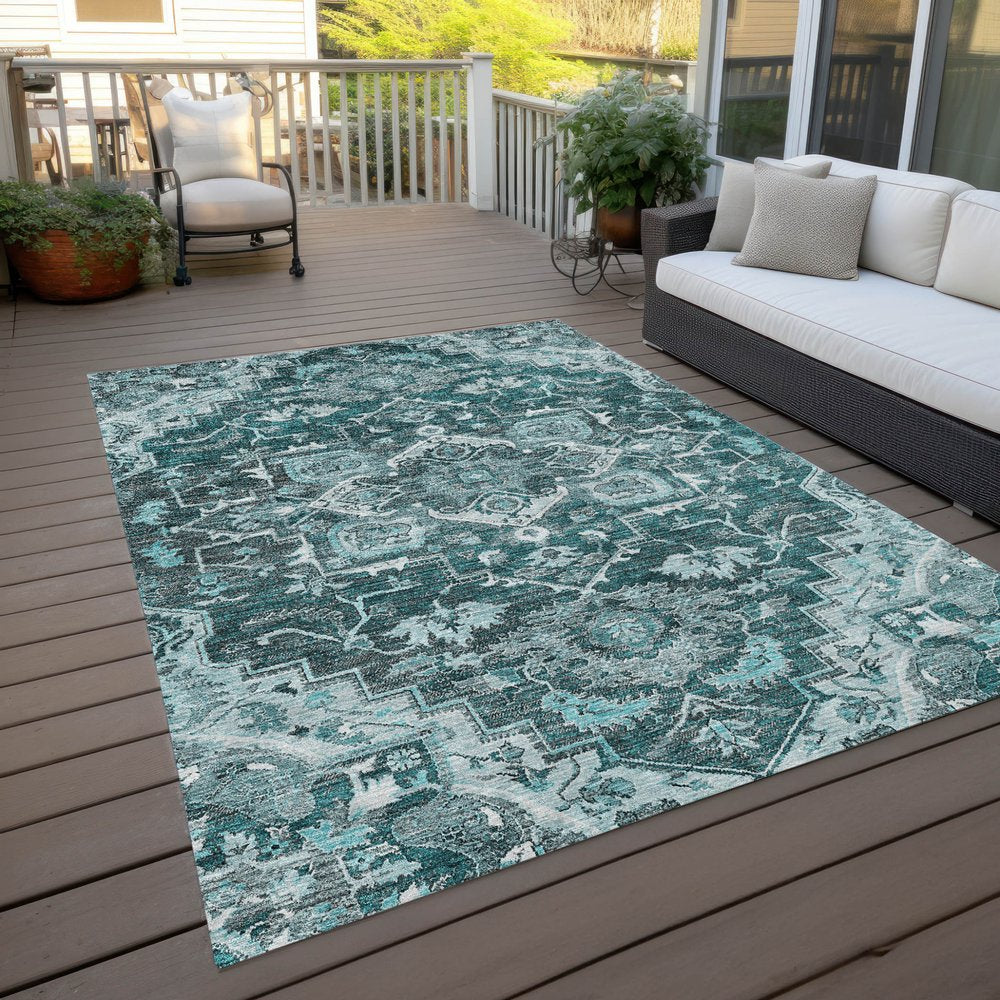 8' X 10' Teal Blue Gray And Charcoal Oriental Washable Indoor Outdoor Area Rug — view 11