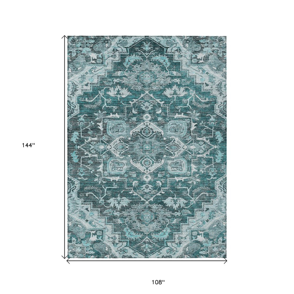 8' X 10' Teal Blue Gray And Charcoal Oriental Washable Indoor Outdoor Area Rug HomeRoots