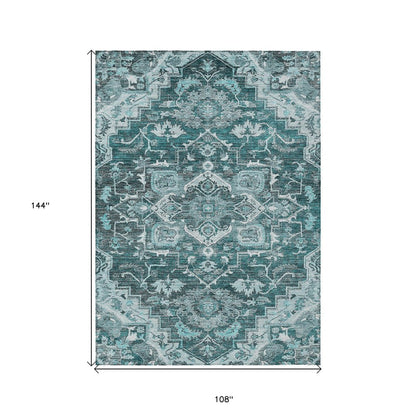 8' X 10' Teal Blue Gray And Charcoal Oriental Washable Indoor Outdoor Area Rug HomeRoots