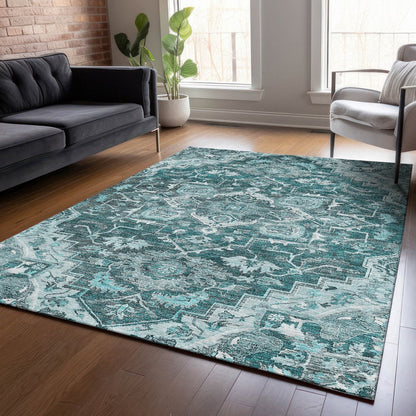 8' X 10' Teal Blue Gray And Charcoal Oriental Washable Indoor Outdoor Area Rug HomeRoots