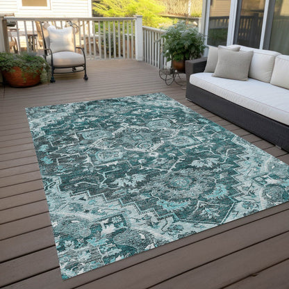 8' X 10' Teal Blue Gray And Charcoal Oriental Washable Indoor Outdoor Area Rug HomeRoots